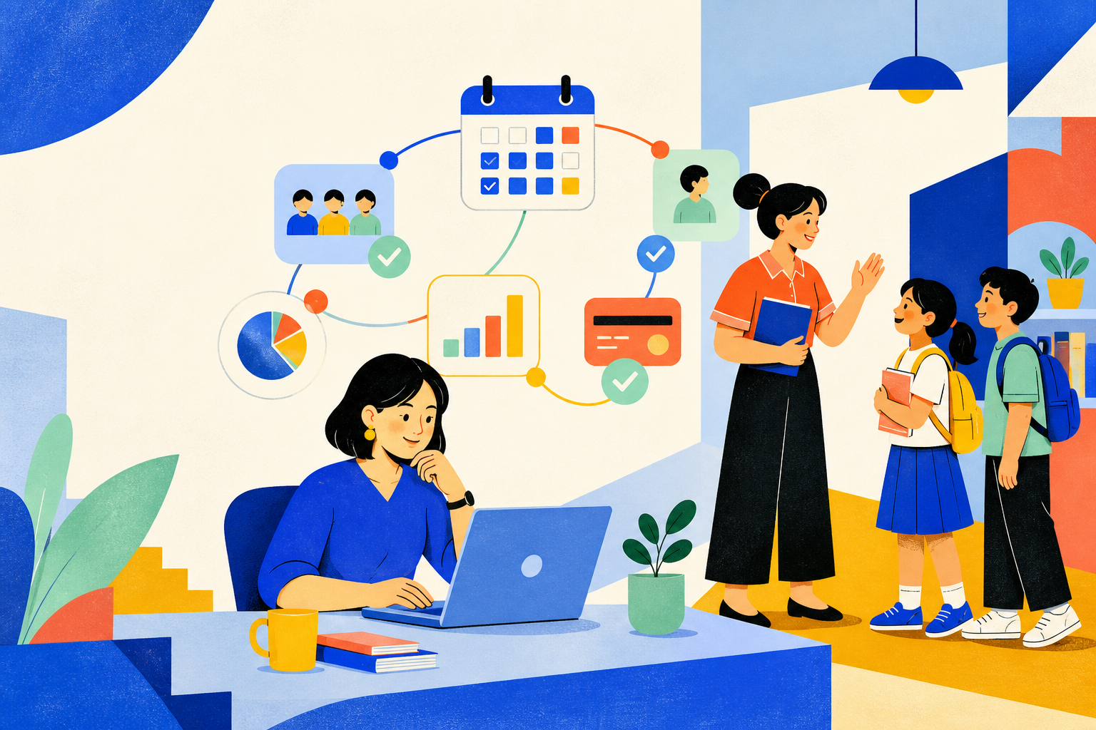 A learning center manager, teacher, and students connected through scheduling, attendance, progress, and payment tools